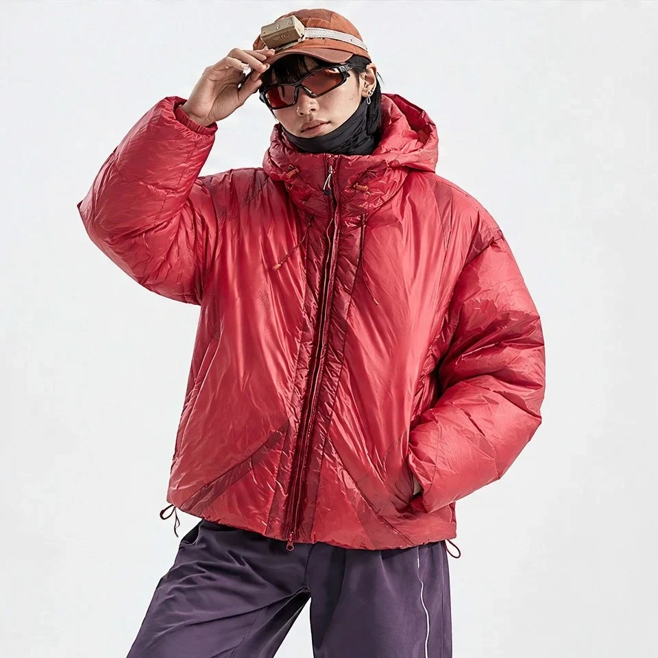 Murl - Unisex 85% White Duck Down Hooded Puffer Jacket - Crimson