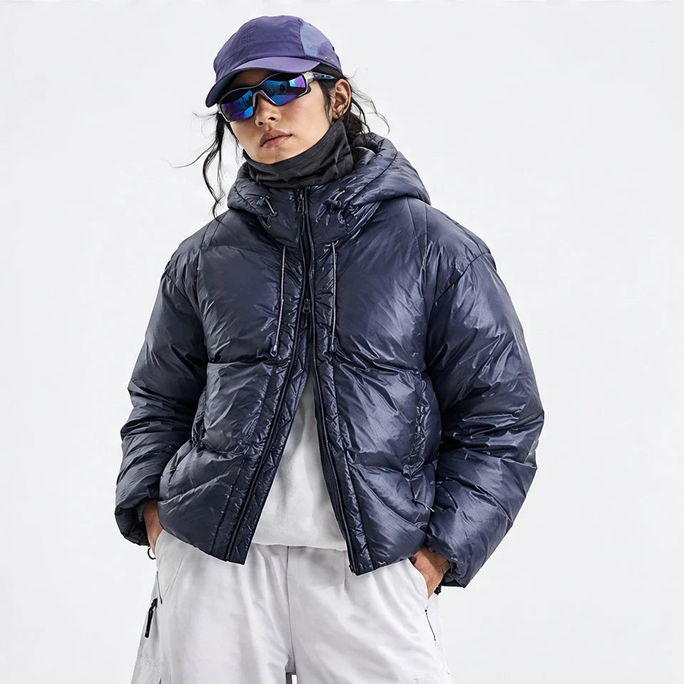 Murl - Unisex 85% White Duck Down Hooded Puffer Jacket - Navy Blue