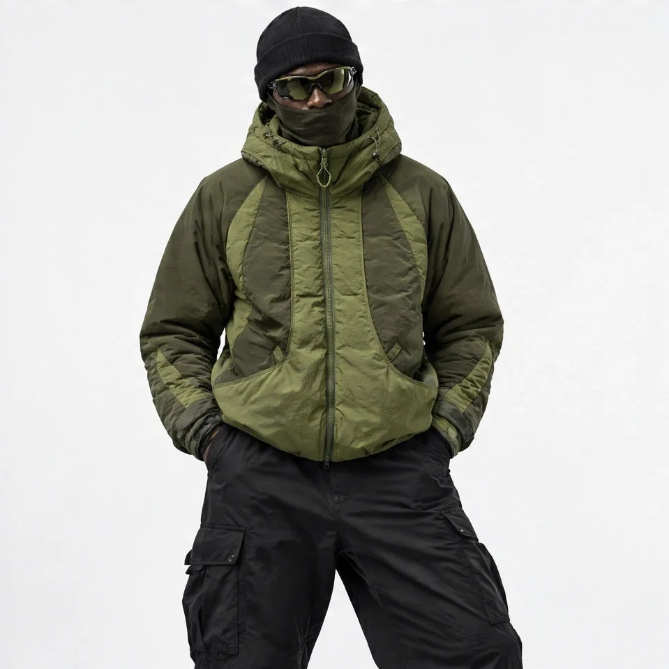 Clart - Unisex 85% White Duck Down Colour-Block Puffer Jacket - Olive Green