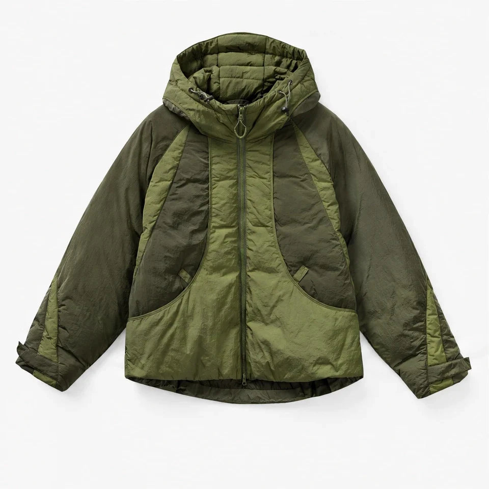 Clart - Unisex 85% White Duck Down Colour-Block Puffer Jacket - Olive Green